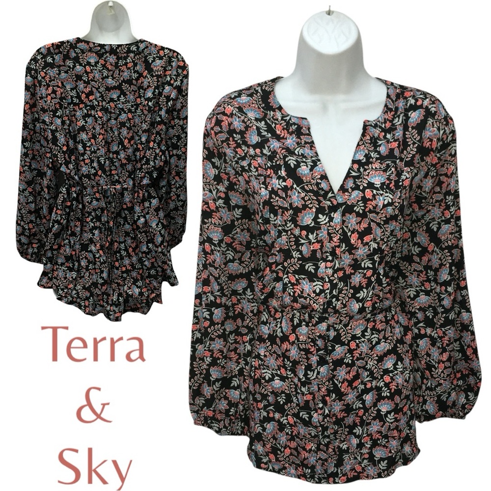 Terra & Sky Black Floral Blouse with Pink and Blue Accents